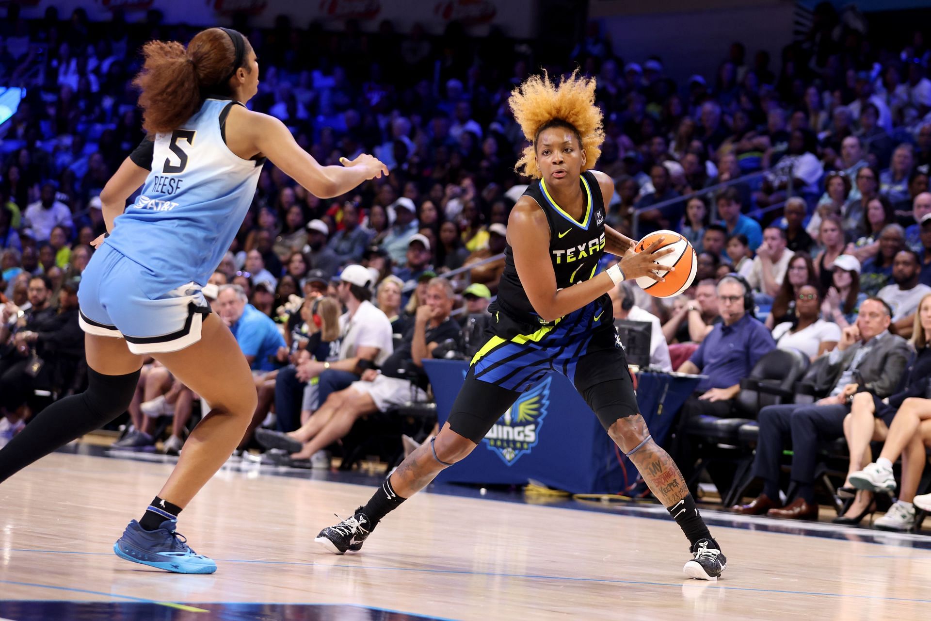 NaLyssa Smith #1 of the Dallas Wings is defended by Angel Reese #5 of the Chicago Sky during the first half at College Park Center on May 31, 2025 in Arlington, Texas. (Photo by Tim Heitman/Getty Images)